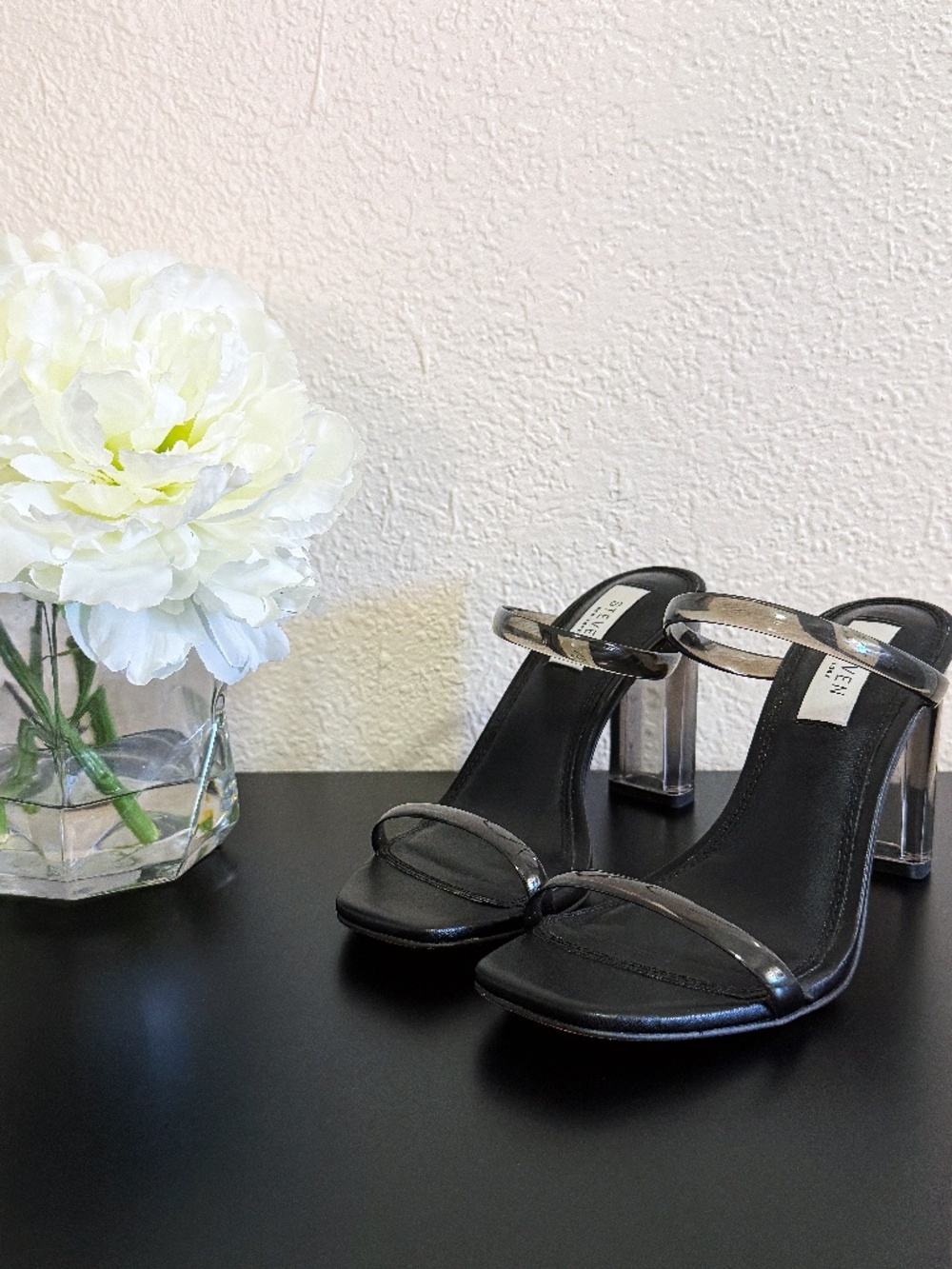 Steven New York Jercy Black Clear Strappy Heel Sandals Size 6